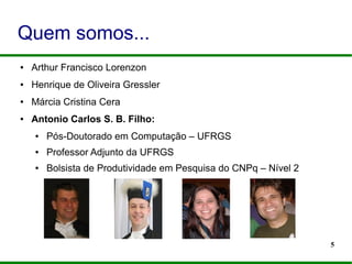 5
Quem somos...
● Arthur Francisco Lorenzon
● Henrique de Oliveira Gressler
● Márcia Cristina Cera
● Antonio Carlos S. B. Filho:
● Pós-Doutorado em Computação – UFRGS
● Professor Adjunto da UFRGS
● Bolsista de Produtividade em Pesquisa do CNPq – Nível 2
 