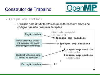 51
● #pragma omp sections
– Utilizado para dividir tarefas entre as threads em blocos de
códigos que não possuem iterações.
Construtor de Trabalho
#include <omp.h>
int main(){
#pragma omp parallel
{
#pragma omp sections
{
#pragma omp section
instrução
#pragma omp section
instruçao
}
}
}
Região paralela
Indica que cada thread
irá executar um bloco
de instruções diferentes
Qual instrução que cada
thread irá executar
Fim região paralela
 
