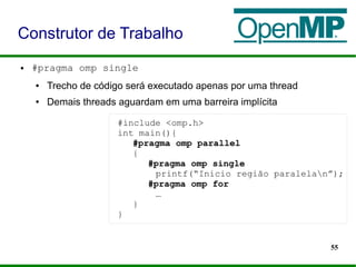 55
● #pragma omp single
● Trecho de código será executado apenas por uma thread
● Demais threads aguardam em uma barreira implícita
Construtor de Trabalho
#include <omp.h>
int main(){
#pragma omp parallel
{
#pragma omp single
printf(“Inicio região paralelan”);
#pragma omp for
…
}
}
 