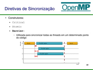 60
● Construtores:
● Critical
● Atomic
● Barrier:
– Utilizada para sincronizar todas as threads em um determinado ponto
do código
Diretivas de Sincronização
 