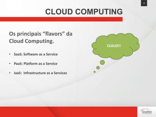 9
CLOUD COMPUTING
Os principais “flavors” da
Cloud Computing.
• SaaS: Software as a Service
• PaaS: Platform as a Service
• IaaS: Infrastructure as a Services
CLOUD!!
 