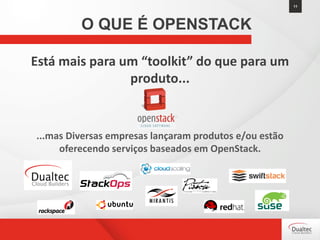 Está mais para um “toolkit” do que para um
produto...
...mas Diversas empresas lançaram produtos e/ou estão
oferecendo serviços baseados em OpenStack.
11
O QUE É OPENSTACK
 