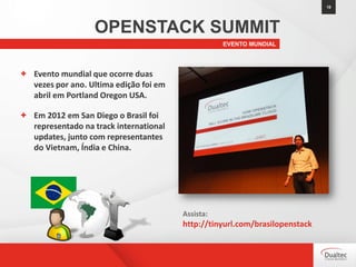 EVENTO MUNDIAL
18
OPENSTACK SUMMIT
+ Evento mundial que ocorre duas
vezes por ano. Ultima edição foi em
abril em Portland Oregon USA.
+ Em 2012 em San Diego o Brasil foi
representado na track international
updates, junto com representantes
do Vietnam, Índia e China.
Assista:
http://tinyurl.com/brasilopenstack
 