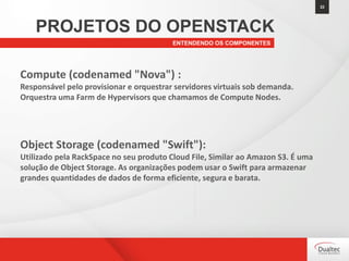 22
ENTENDENDO OS COMPONENTES
PROJETOS DO OPENSTACK
Compute (codenamed "Nova") :
Responsável pelo provisionar e orquestrar servidores virtuais sob demanda.
Orquestra uma Farm de Hypervisors que chamamos de Compute Nodes.
Object Storage (codenamed "Swift"):
Utilizado pela RackSpace no seu produto Cloud File, Similar ao Amazon S3. É uma
solução de Object Storage. As organizações podem usar o Swift para armazenar
grandes quantidades de dados de forma eficiente, segura e barata.
 