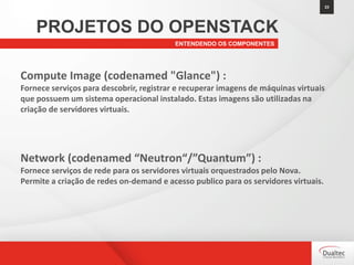 23
ENTENDENDO OS COMPONENTES
PROJETOS DO OPENSTACK
Compute Image (codenamed "Glance") :
Fornece serviços para descobrir, registrar e recuperar imagens de máquinas virtuais
que possuem um sistema operacional instalado. Estas imagens são utilizadas na
criação de servidores virtuais.
Network (codenamed “Neutron“/”Quantum”) :
Fornece serviços de rede para os servidores virtuais orquestrados pelo Nova.
Permite a criação de redes on-demand e acesso publico para os servidores virtuais.
 