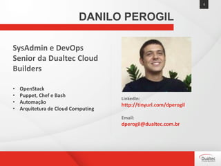 SysAdmin e DevOps
Senior da Dualtec Cloud
Builders
• OpenStack
• Puppet, Chef e Bash
• Automação
• Arquitetura de Cloud Computing
LinkedIn:
http://tinyurl.com/dperogil
Email:
dperogil@dualtec.com.br
3
DANILO PEROGIL
 