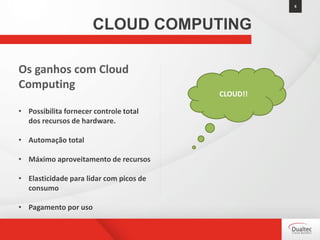 8
CLOUD COMPUTING
Os ganhos com Cloud
Computing
• Possibilita fornecer controle total
dos recursos de hardware.
• Automação total
• Máximo aproveitamento de recursos
• Elasticidade para lidar com picos de
consumo
• Pagamento por uso
CLOUD!!
 