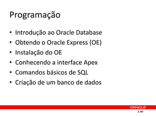 Programação
•   Introdução ao Oracle Database
•   Obtendo o Oracle Express (OE)
•   Instalação do OE
•   Conhecendo a interface Apex
•   Comandos básicos de SQL
•   Criação de um banco de dados



                                    3 /41
 