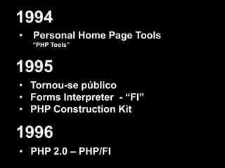 1994
•

Personal Home Page Tools
“PHP Tools”

1995
• Tornou-se público
• Forms Interpreter - “FI”
• PHP Construction Kit

1996
• PHP 2.0 – PHP/FI

 