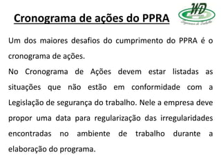Cronograma de ações do PPRA
Um dos maiores desafios do cumprimento do PPRA é o
cronograma de ações.
No Cronograma de Ações devem estar listadas as
situações que não estão em conformidade com a
Legislação de segurança do trabalho. Nele a empresa deve
propor uma data para regularização das irregularidades
encontradas no ambiente de trabalho durante a
elaboração do programa.
 
