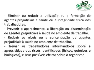 - Eliminar ou reduzir a utilização ou a formação de
agentes prejudiciais à saúde ou à integridade física dos
trabalhadores.
- Prevenir o aparecimento, a liberação ou disseminação
de agentes prejudiciais à saúde no ambiente de trabalho.
- Reduzir os níveis ou a concentração de agentes
prejudiciais à saúde no ambiente de trabalho.
- Treinar os trabalhadores informando-os sobre a
agressividade dos riscos identificados (físicos, químicos e
biológicos), e seus possíveis efeitos sobre o organismo.
 