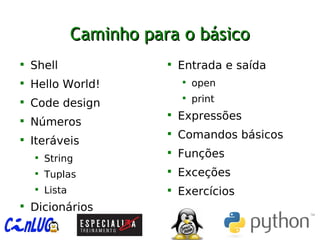Caminho para o básicoCaminho para o básico

Shell

Hello World!

Code design

Números

Iteráveis

String

Tuplas

Lista

Dicionários

Entrada e saída

open

print

Expressões

Comandos básicos

Funções

Exceções

Exercícios
 