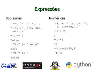 ExpressõesExpressões
︅
Booleanas
→ ==, !=, >, <,...
→ is, in, not, and,
or,...
→ 1 == 2
False
→ “te” in “teste”
True
→ “te” is 0
False
︅
Numéricas
→ +, -, *, /, //, **,
%, divmod,...
→ 1 + 2
3
→ 2**5
32
→ divmod(35,8)
(4,3)
 