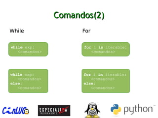 Comandos(2)Comandos(2)
︅
While ︅
For
while exp:
<comandos>
for i in iterable:
<comandos>
while exp:
<comandos>
else:
<comandos>
for i in iterable:
<comandos>
else:
<comandos>
 