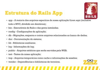 Estrutura do Rails App
 app - A maioria dos arquivos especícos da nossa aplicação ficam aqui (inclusive
todo o MVC, dividido em diretórios);
 bin - Executáveis do Rails e das gems instaladas;
 config - Configurações da aplicação;
 db - Migrações, esquema e outros arquivos relacionados ao banco de dados;
 doc - Documentação do sistema;
 lib - Bibliotecas auxiliares;
 log - Informações de log;
 public - Arquivos estáticos que serão servidos pela WEB;
 test - Testes da nossa aplicação;
 tmp - Arquivos temporários como cache e informações de sessões;
 vendor - Dependências e bibliotecas de terceiros.
 