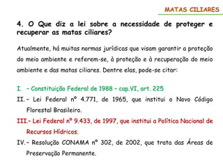 4. O Que diz a lei sobre a necessidade de proteger e
recuperar as matas ciliares?
Atualmente, há muitas normas jurídicas que visam garantir a proteção
do meio ambiente e referem-se, à proteção e à recuperação do meio
ambiente e das matas ciliares. Dentre elas, pode-se citar:
I. – Constituição Federal de 1988 – cap.VI, art. 225
II. – Lei Federal nº 4.771, de 1965, que institui o Novo Código
Florestal Brasileiro.
III.– Lei Federal nº 9.433, de 1997, que institui a Política Nacional de
Recursos Hídricos.
IV. – Resolução CONAMA nº 302, de 2002, que trata das Áreas de
Preservação Permanente.
MATAS CILIARES
 