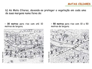 MATAS CILIARES
b) As Mata Ciliares, devendo-se proteger a vegetação em cada uma
de suas margens numa faixa de:
– 50 metros para rios com 10 a 50
metros de largura;
– 30 metros para rios com até 10
metros de largura;
Fonte:
SMRH-BA
Fonte:
SMRH-BA
 