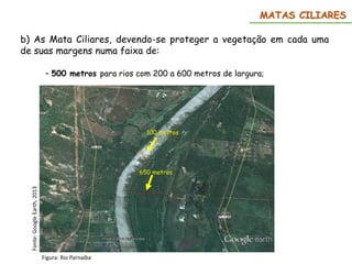 MATAS CILIARES
b) As Mata Ciliares, devendo-se proteger a vegetação em cada uma
de suas margens numa faixa de:
– 500 metros para rios com 200 a 600 metros de largura;
650 metros
100 metros
Figura: Rio Parnaíba
Fonte:
Google
Earth,
2013
 