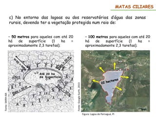 MATAS CILIARES
c) No entorno das lagoas ou dos reservatórios d’água das zonas
rurais, devendo ter a vegetação protegida num raio de:
– 50 metros para aqueles com até 20
há de superfície (1 ha =
aproximadamente 2,3 tarefas);
– 100 metros para aqueles com até 20
há de superfície (1 ha =
aproximadamente 2,3 tarefas);
Fonte:
SMRH-BA
Fonte:
Google
Earth,
2013
Figura: Lagoa de Parnaguá, PI
 