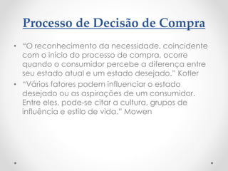 Processo de Decisão de Compra
• “O reconhecimento da necessidade, coincidente
com o início do processo de compra, ocorre
quando o consumidor percebe a diferença entre
seu estado atual e um estado desejado.” Kotler
• “Vários fatores podem influenciar o estado
desejado ou as aspirações de um consumidor.
Entre eles, pode-se citar a cultura, grupos de
influência e estilo de vida.” Mowen
 