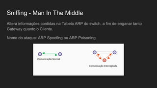 Sniffing - Man In The Middle
Altera informações contidas na Tabela ARP do switch, a fim de enganar tanto
Gateway quanto o Cliente.
Nome do ataque: ARP Spoofing ou ARP Poisoning
 