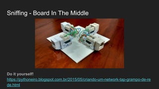 Sniffing - Board In The Middle
Do it yourself!
https://pythoneiro.blogspot.com.br/2015/05/criando-um-network-tap-grampo-de-re
de.html
 
