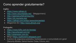 Como aprender gratuitamente?
Inglês:
● https://www.cybrary.it/
● http://www.securitytube.net/ (Megaprimers)
● http://opensecuritytraining.info/
● https://pt.coursera.org/
● https://github.com/enaqx/awesome-pentest
● Magazines (Ex: http://www.phrack.org)
Português:
● https://www.h2hc.com.br/revista/
● http://securitycast.com.br/
● http://xtremesec.com.br/
● Blogs (https://pythoneiro.blogspot.com)
● Eventos de segurança gratuitos, hackerspaces e comunidade em geral
(Security BSides, Garoa Hacker Clube, Fóruns, etc)
 