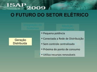 O FUTURO DO SETOR ELÉTRICO
Integração de
Sistemas
Fontes
Alternativas
Geração
Distribuida
F A C T S
Medição
Inteligente
➔ Pequena potência
➔ Conectada a Rede de Distribuição
➔ Sem controle centralizado
➔ Próxima do ponto de consumo
➔ Utiliza recursos renováveis
 
