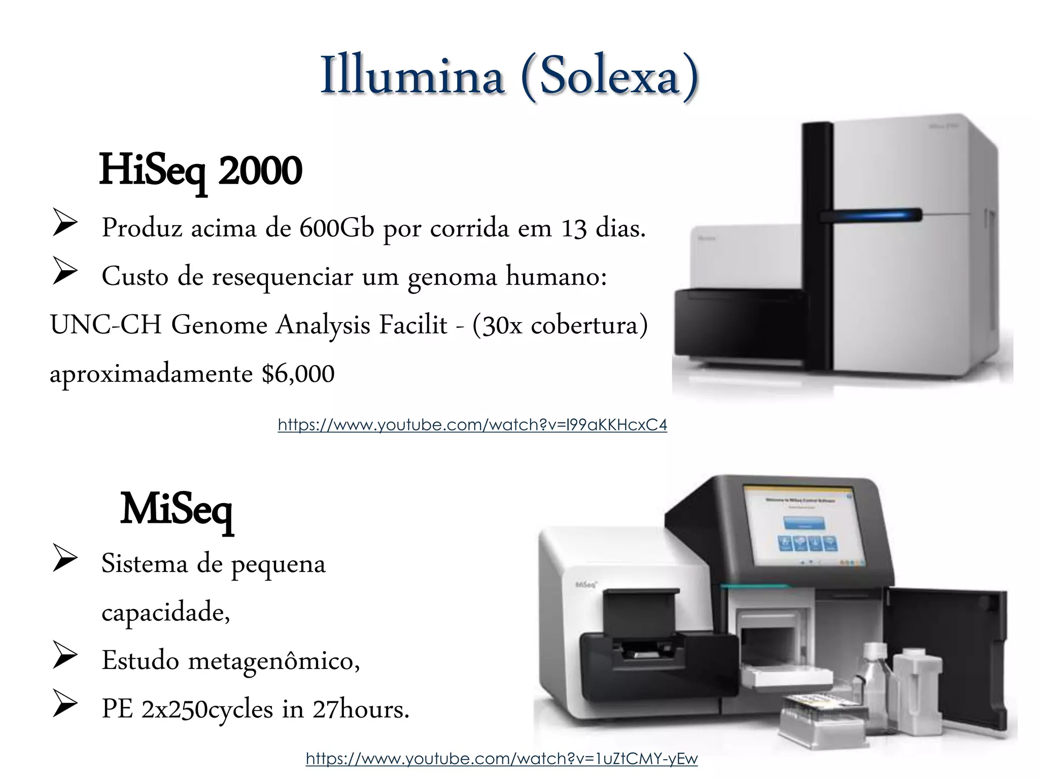 HiSeq 2000 
Illumina (Solexa) 
 Produz acima de 600Gb por corrida em 13 dias. 
 Custo de resequenciar um genoma humano: 
UNC-CH Genome Analysis Facilit - (30x cobertura) 
aproximadamente $6,000 
MiSeq 
https://www.youtube.com/watch?v=l99aKKHcxC4 
 Sistema de pequena 
capacidade, 
 Estudo metagenômico, 
 PE 2x250cycles in 27hours. 
https://www.youtube.com/watch?v=1uZtCMY-yEw 
 