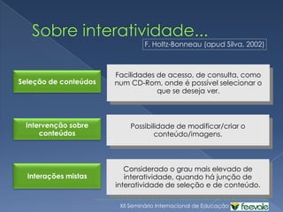 InteraçãoTemporalidade Número de interlocutores Interação síncronaum-para-umInteração assíncronaum-para-muitosmuitos-para-muitos