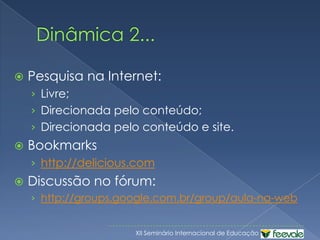 Sobre interatividade...Sims apud Primo, 1999Em relação aos aspectos de interface/navegação, pode-se distinguir 3 (três) níveis de interatividade Navegação direcionada pelo programa, possibilitando pouco controle do aluno sobre o programa.ReativoCoativoAluno tem a possibilidade de controlar a sequência, ritmo e estilo.ProativoAluno controla estrutura e conteúdo.