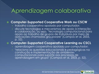 Sobre interatividade...Primo, 2003Este enfoque reflete o modelo da teoria da informação, caracterizada por emissor-mensagem-canal-receptor.Enfoque transmissionistaEnvolve a possibilidade de escolha entre alternativas disponíveis (todas as alternativas disponíveis encontram-se já programadas e todos os caminhos foram pré-definidos).Enfoque informacionalAs possibilidades de interação são definidas pelas características do equipamento e/ou software utilizado .Enfoque tecnicista