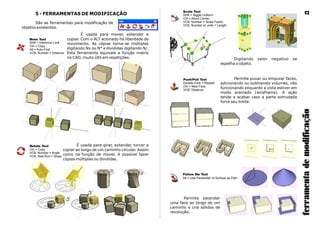 Rotate Tool
Ctrl = Copy
VCB: Number = Angle
VCB: Rise:Run = Slope
5 - FERRAMENTAS DE MODIFICAÇÃO
Shift = Inference Lock
Ctrl = Copy
Alt = Auto-Fold
VCB: Number = Distance
Move Tool
É usada para mover, extender e
copiar. Com o ALT acionado há liberdade de
movimento. As cópias torna-se múltiplas
digitando Nx ou N* e divididas digitando N/.
Esta ferramenta equivale a função matriz
no CAD, muito últil em repetições.
É usada para girar, extender, torcer e
copiar ao longo de um caminho circular. Assim
como na função de mover, é possível fazer
cópias múltiplas ou divididas.
São as ferramentas para modificação de
objetos existentes.
Scale Tool
Shift = Toggle Uniform
Ctrl = About Center
VCB: Number = Scale Factor
VCB: Number w/ units = Length
Push/Pull Tool
Double-Click = Repeat
Ctrl = New Face
VCB: Distance
Permite puxar ou empurar faces,
adicionando ou subtraindo volumes, não
funcionando enquanto a vista estiver em
modo aramado (wireframe). A ação
tende a acabar caso a parte extrudada
force seu limite.
Follow Me Tool
Alt = Use Parameter of Surface as Path
Permite estender
uma face ao longo de um
caminho e cria sólidos de
revolução.
Digitando valor negativo se
espelha o objeto.
ferramentademodificação
12
 