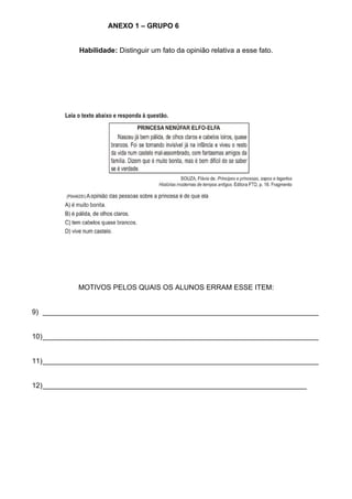 ANEXO 1 – GRUPO 6


            Habilidade: Distinguir um fato da opinião relativa a esse fato.




           MOTIVOS PELOS QUAIS OS ALUNOS ERRAM ESSE ITEM:


9) ______________________________________________________________________


10)______________________________________________________________________


11)______________________________________________________________________


12)___________________________________________________________________
 