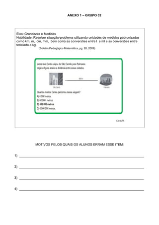 ANEXO 1 – GRUPO 02




 Eixo: Grandezas e Medidas
 Habilidade: Resolver situação-problema utilizando unidades de medidas padronizadas
 como km, m, cm, mm, bem como as conversões entre l e ml e as conversões entre
 tonelada e kg.
               (Boletim Pedagógico Matemática, pg. 26, 2009)




             MOTIVOS PELOS QUAIS OS ALUNOS ERRAM ESSE ITEM:


1) ______________________________________________________________________


2) ______________________________________________________________________


3) ______________________________________________________________________


4) ______________________________________________________________________
 