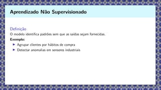 Definição
O modelo identifica padrões sem que as saídas sejam fornecidas.
Exemplo:
▶ Agrupar clientes por hábitos de compra
▶ Detectar anomalias em sensores industriais
Aprendizado Não Supervisionado
 