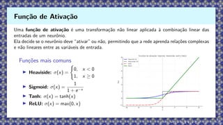 Uma função de ativação é uma transformação não linear aplicada à combinação linear das
entradas de um neurônio.
Ela decide se o neurônio deve “ativar” ou não, permitindo que a rede aprenda relações complexas
e não lineares entre as variáveis de entrada.
Funções mais comuns
▶ Heaviside: σ(x) =
(
0, x < 0
1, x ≥ 0
▶ Sigmoid: σ(x) =
1
1 + e−x
▶ Tanh: σ(x) = tanh(x)
▶ ReLU: σ(x) = max(0, x)
Função de Ativação
 
