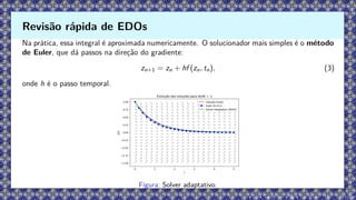 Na prática, essa integral é aproximada numericamente. O solucionador mais simples é o método
de Euler, que dá passos na direção do gradiente:
zn+1 = zn + hf (zn, tn), (3)
onde h é o passo temporal.
Figura: Solver adaptativo.
Revisão rápida de EDOs
 