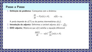 1. Definição do problema: Começamos com a dinâmica
dz
dt
= F(z(t), t, θ), z(0) = z0.
A perda depende de z(T) ou de pontos intermediários z(tk ).
2. Introdução da adjunta: Definimos a variável adjunta a(t) = ∂L
∂z(t) .
3. EDO adjunta: Mostra-se que a(t) satisfaz a equação diferencial
da(t)
dt
= −a(t)⊤ ∂F
∂z
(z(t), t, θ).
Passo a Passo
 