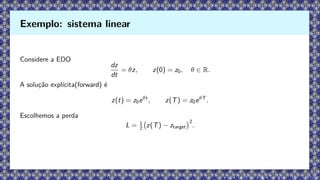 Considere a EDO
dz
dt
= θz, z(0) = z0, θ ∈ R.
A solução explícita(forward) é
z(t) = z0eθt
, z(T) = z0eθT
.
Escolhemos a perda
L = 1
2 z(T) − ztarget
2
.
Exemplo: sistema linear
 