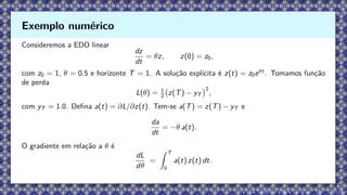 Consideremos a EDO linear
dz
dt
= θz, z(0) = z0,
com z0 = 1, θ = 0.5 e horizonte T = 1. A solução explícita é z(t) = z0eθt
. Tomamos função
de perda
L(θ) = 1
2 z(T) − yT
2
,
com yT = 1.0. Defina a(t) = ∂L/∂z(t). Tem-se a(T) = z(T) − yT e
da
dt
= −θ a(t).
O gradiente em relação a θ é
dL
dθ
=
Z T
0
a(t) z(t) dt.
Exemplo numérico
 