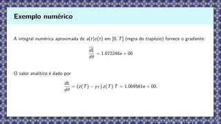 A integral numérica aproximada de a(t)z(t) em [0, T] (regra do trapézio) fornece o gradiente:
c
dL
dθ
= 1.072248e + 00
O valor analítico é dado por
dL
dθ
= (z(T) − yT ) z(T) T = 1.069561e + 00.
Exemplo numérico
 