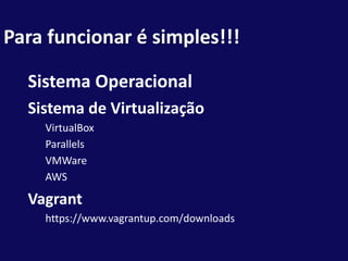 Para funcionar é simples!!!
Sistema Operacional
Sistema de Virtualização
VirtualBox
Parallels
VMWare
AWS
Vagrant
https://www.vagrantup.com/downloads
 