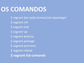 OS COMANDOS
$ vagrant box {add,remove,list,repackage}
$ vagrant init
$ vagrant halt
$ vagrant up
$ vagrant destroy
$ vagrant package
$ vagrant provision
$ vagrant reload
$ vagrant list-comands
 