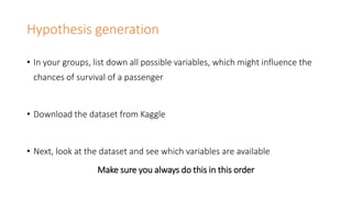 Hypothesis generation
• In your groups, list down all possible variables, which might influence the
chances of survival of a passenger
• Download the dataset from Kaggle
• Next, look at the dataset and see which variables are available
Make sure you always do this in this order
 