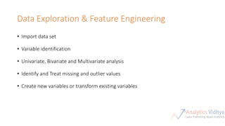 Data Exploration & Feature Engineering
• Import data set
• Variable identification
• Univariate, Bivariate and Multivariate analysis
• Identify and Treat missing and outlier values
• Create new variables or transform existing variables
 
