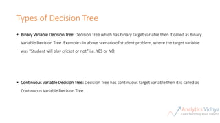 Types of Decision Tree
• Binary Variable Decision Tree: Decision Tree which has binary target variable then it called as Binary
Variable Decision Tree. Example:- In above scenario of student problem, where the target variable
was “Student will play cricket or not” i.e. YES or NO.
• Continuous Variable Decision Tree: Decision Tree has continuous target variable then it is called as
Continuous Variable Decision Tree.
 