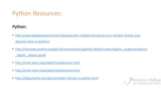 Python Resources:
Python:
• http://www.bigdataexaminer.com/dealing-with-unbalanced-classes-svm-random-forests-and-
decision-trees-in-python/
• http://nbviewer.ipython.org/github/justmarkham/gadsdc1/blob/master/logistic_assignment/kevin
_logistic_sklearn.ipynb
• http://scikit-learn.org/stable/modules/svm.html
• http://scikit-learn.org/stable/modules/tree.html
• http://blog.yhathq.com/posts/random-forests-in-python.html
 