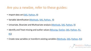 Are you a newbie, refer to these guides:
• Import data set (SAS, Python, R)
• Variable identification (Methods, SAS, Python, R)
• Univariate, Bivariate and Multivariate analysis (Methods, SAS, Python, R)
• Identify and Treat missing and outlier values (Missing, Outlier, SAS, Python, R1,
R2)
• Create new variables or transform existing variables (Methods, SAS, Python, R1)
 
