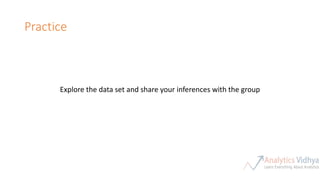 Practice
Explore the data set and share your inferences with the group
 